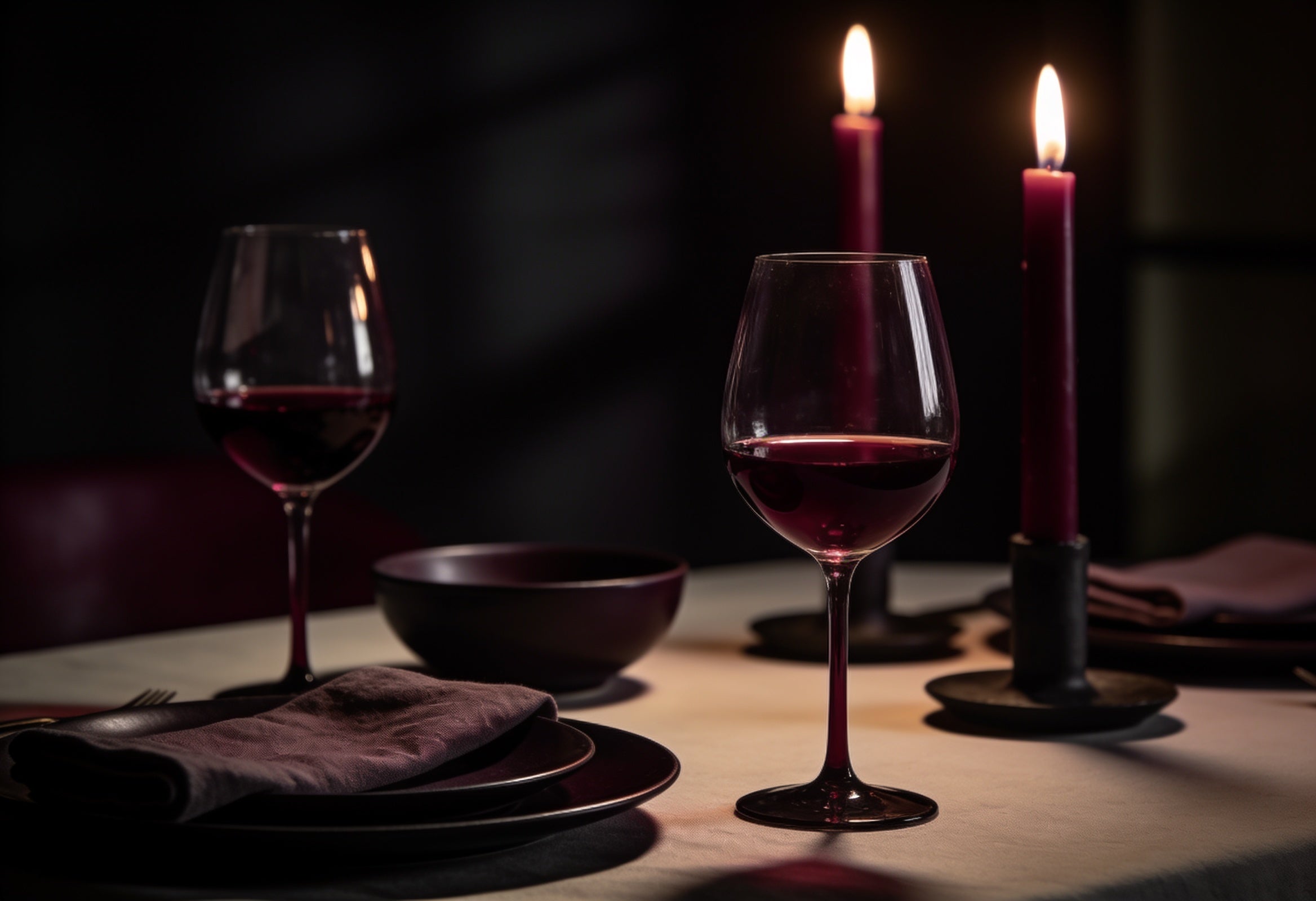 Candlelit dinner table set with glasses of Smæccan non-alcoholic red wine
